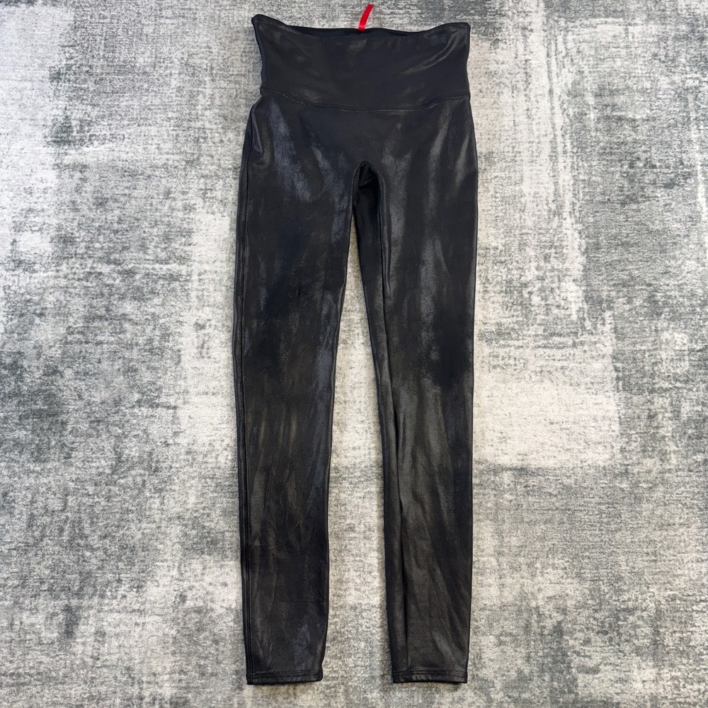 Spanx Faux Leather Leggings Women Large Black Glossy Shiny Pull On Ankle Shaping